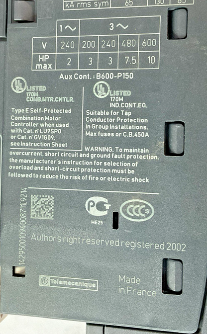SCHNEIDER ELECTRIC LUCA05FU MANUAL MOTOR STARTER 240V CLASS105