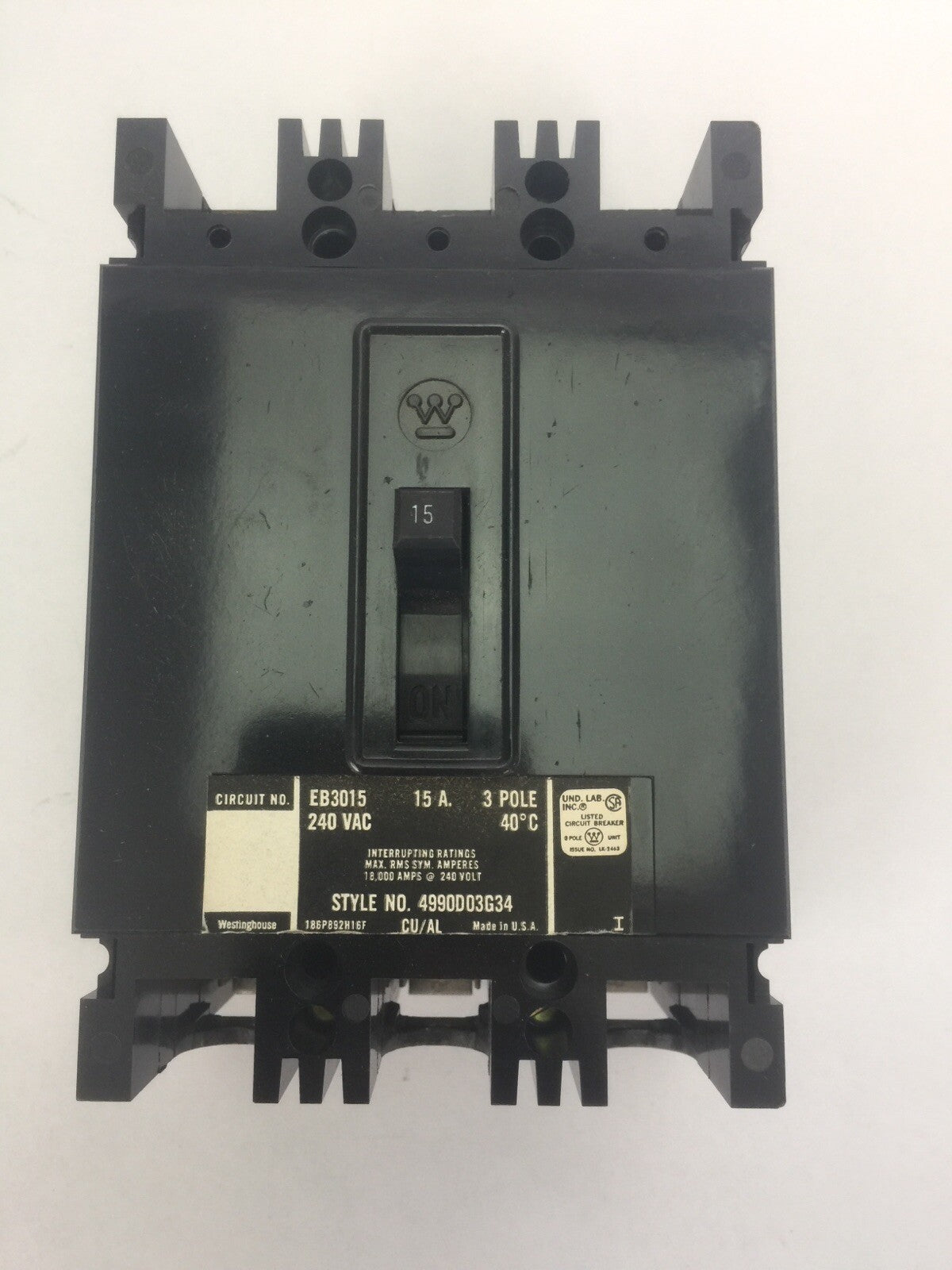WESTINGHOUSE EB3015 AB DE-ION CIRCUIT BREAKER 15A 240VAC 3 POLE 4990D03G342