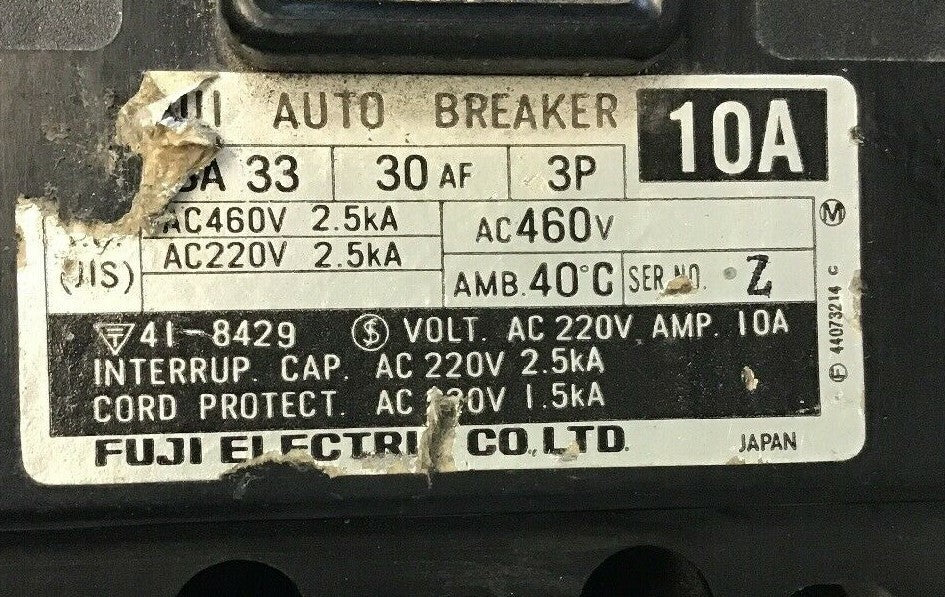 FUJI AUTO BREAKER SA33 SER.Z 10AMP CIRCUIT BREAKER 460VAC 1