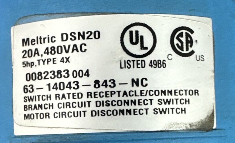 MELTRIC DSN20 20A 480VAC TYPE 4X 63-14043-843-NC RECEPTACLE/CONNECTOR1