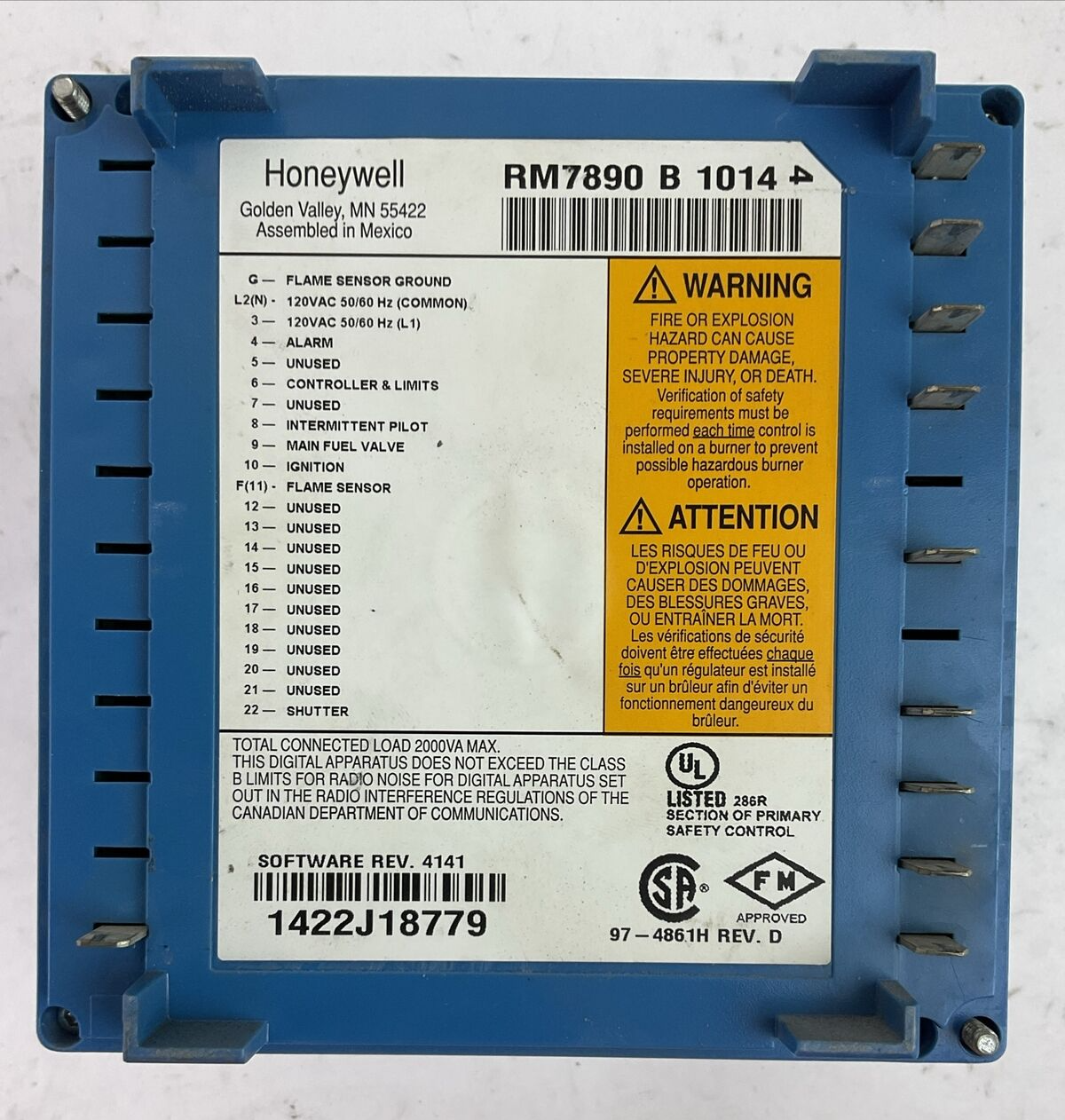 HONEYWELL RM7890B1014 BURNER CONTROL REV D R7861A1026 DYNAMIC SELF-CHECK REV C4