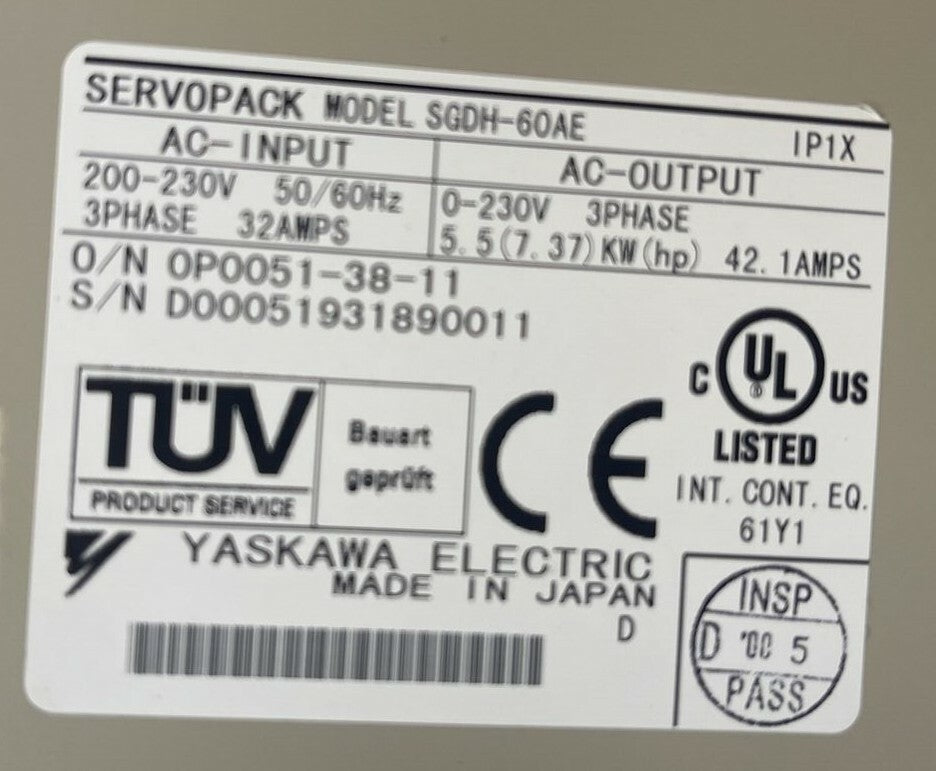 YASKAWA SGDH-60AE SERVOPACK 200V VER. 0D214 INPUT 200-230VAC OUTPUT 0-230VAC2