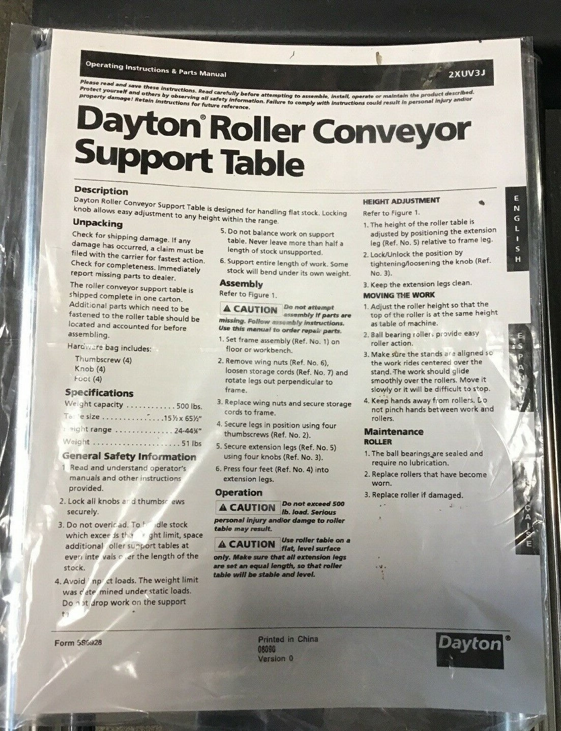 Dayton 2XUV3 Roller Conveyor Support Table, 500 Lb Cap 65.5" LONG, 15.5" WIDE.0