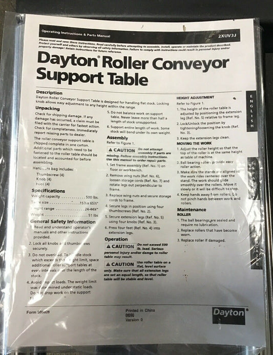 Dayton 2XUV3 Roller Conveyor Support Table, 500 Lb Cap 65.5" LONG, 15.5" WIDE.0