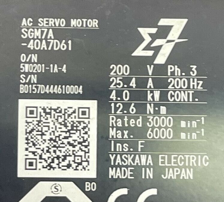 YASKAWA SGM7A-40A7D61 AC SERVO MOTOR 200V 25.4A UTTAH-B24RH ABS ENCODER GERWAH1