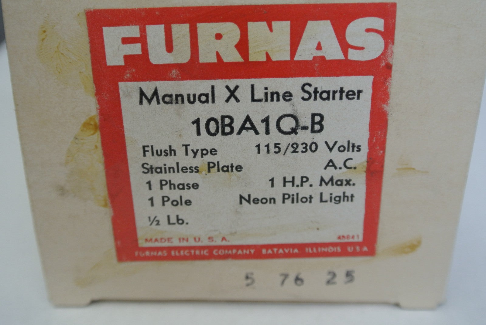 FURNAS 10BA1Q-B MANUAL X LINE STARTER 115/230V, w/ NEON PILOT LIGHT NEW SURPLUS1