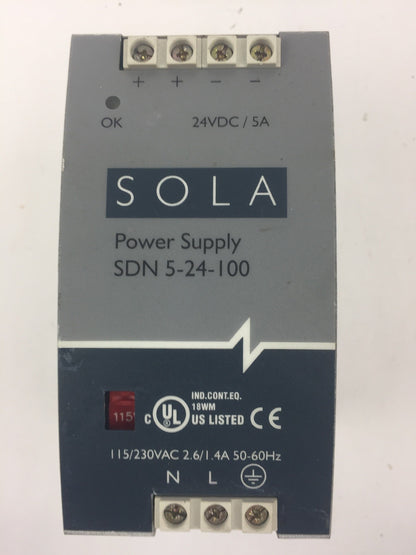 SOLA SDN 5-24-100 POWER SUPPLY 115/230VAC 2.6/1.4A 50/60HZ 24VDC/5A0