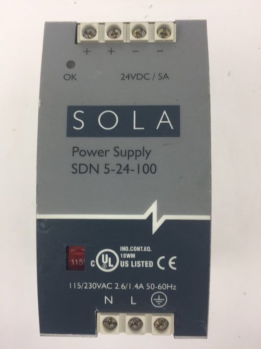 SOLA SDN 5-24-100 POWER SUPPLY 115/230VAC 2.6/1.4A 50/60HZ 24VDC/5A0