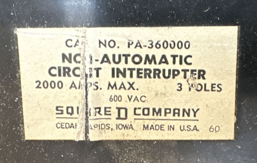 SQUARE D PA-360000 NON-AUTOMATIC CIRCUIT INTERRUPTER 2000AMP 3POLES 600VAC2