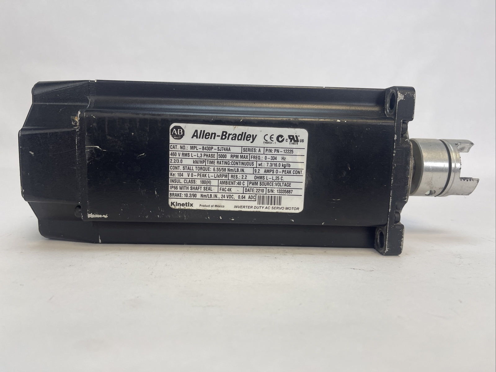 ALLEN BRADLEY MPL-B430P-SJ72AA SERVO MOTOR SER A 5000RPM 2.2/3.0 kW/HP 9.2AMP2