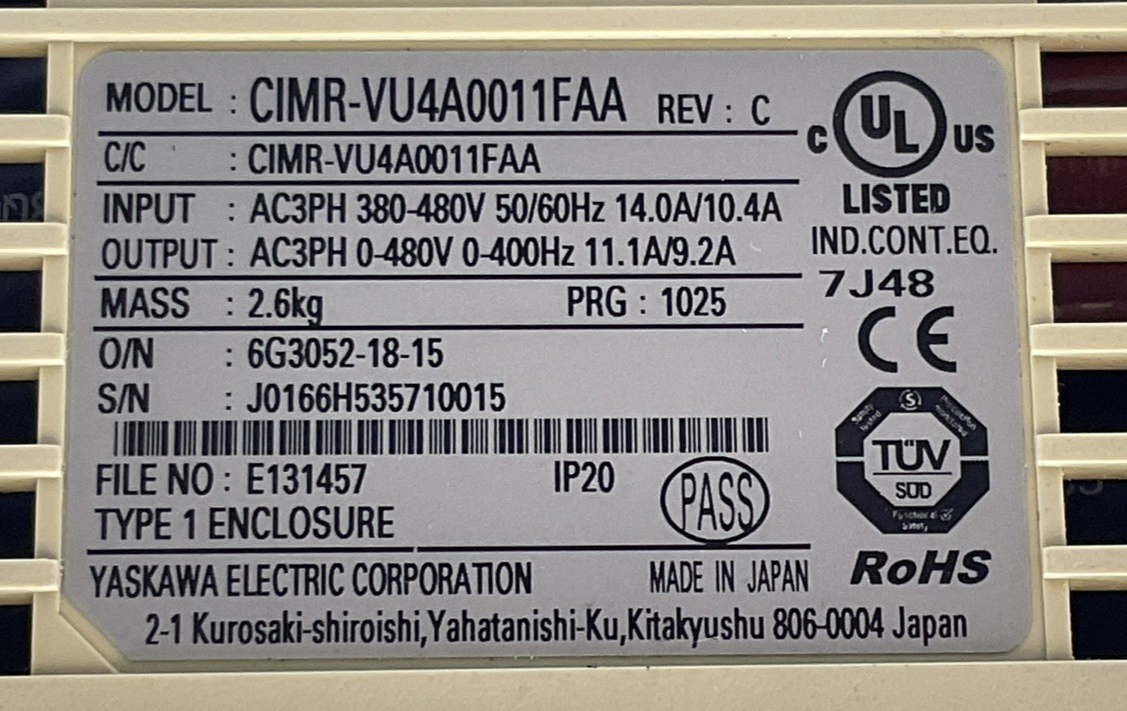 YASKAWA CIMR-VU4A0011FAA REV: C V1000 AC DRIVE OUTPUT 3PH 0-480V 11.1/9.2A1