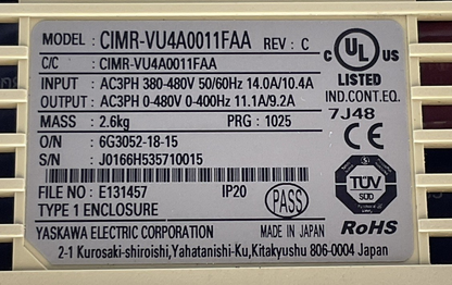 YASKAWA CIMR-VU4A0011FAA REV: C V1000 AC DRIVE OUTPUT 3PH 0-480V 11.1/9.2A1