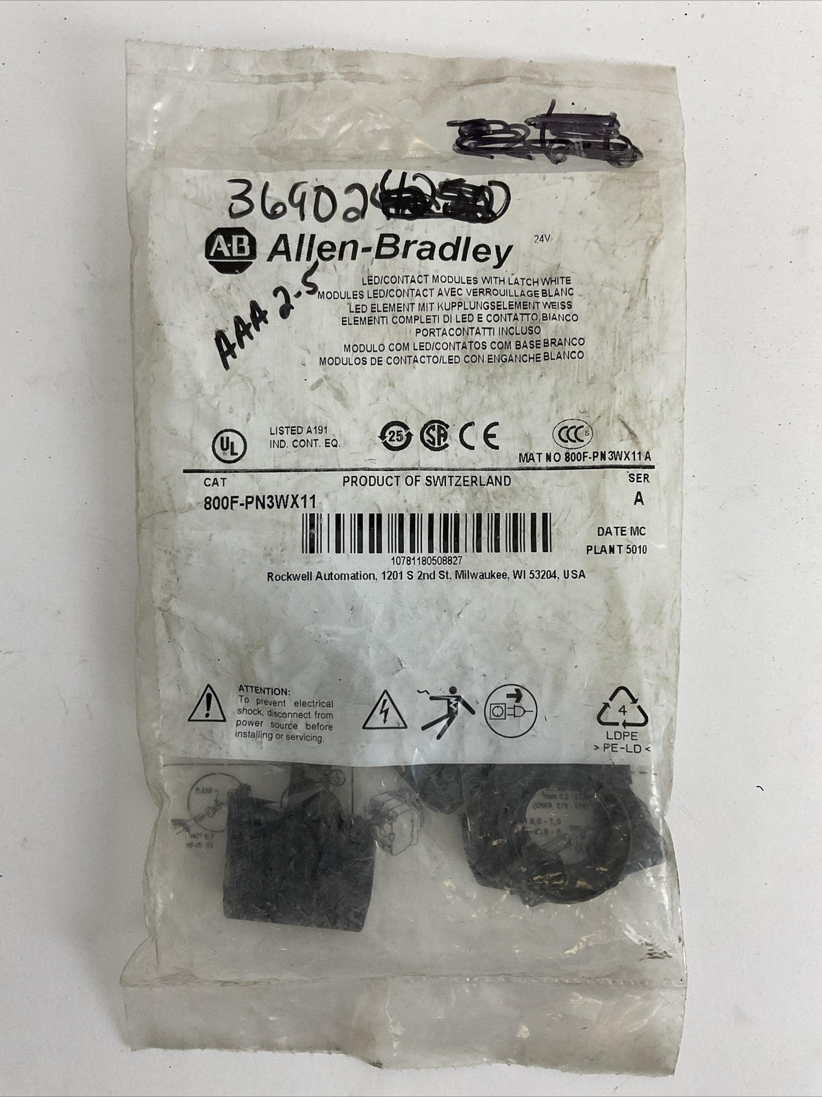 ALLEN BRADLEY 800F-PN3WX11 LED/CONTACT MODULES WITH LATCH WHITE0