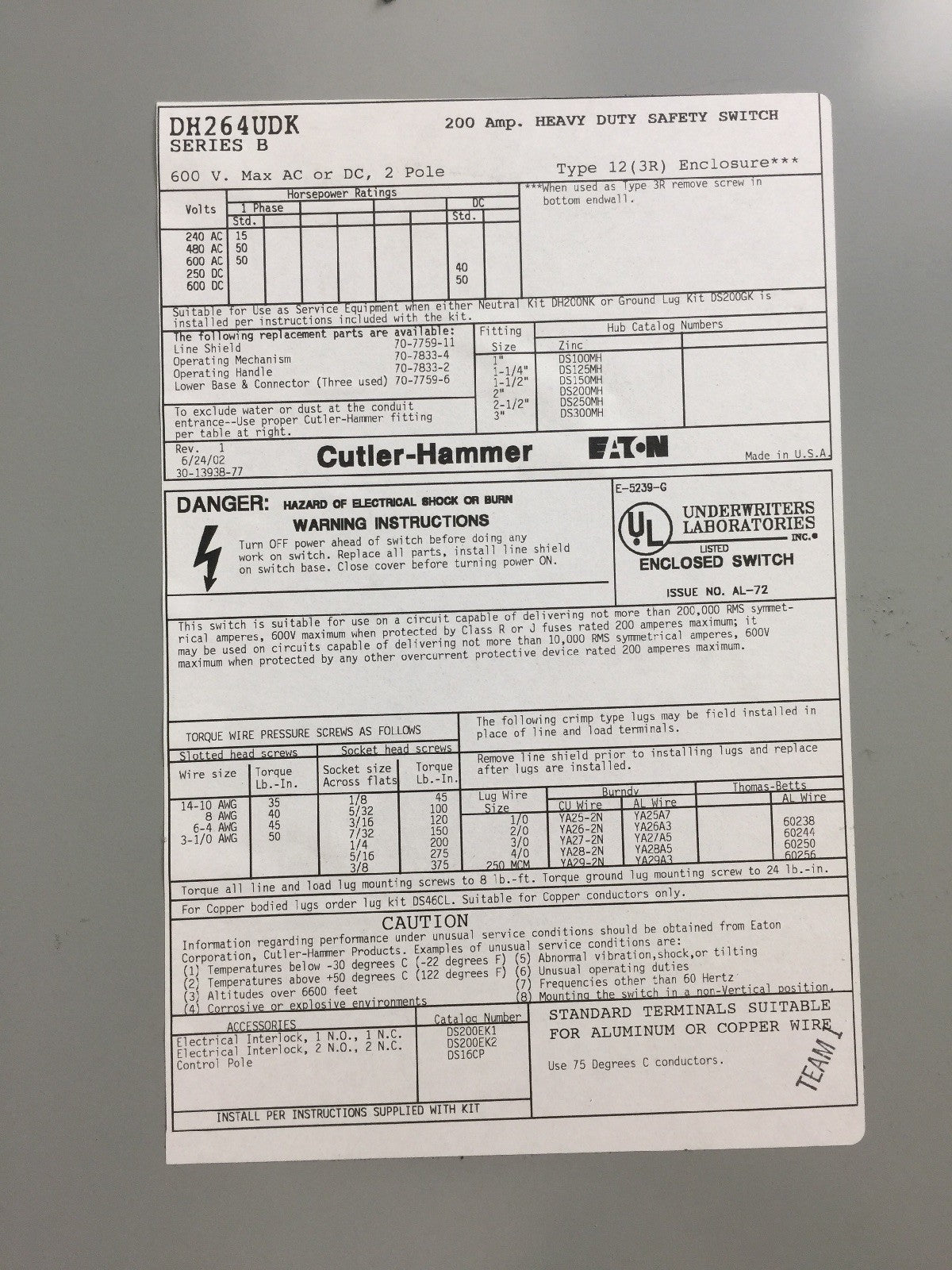 CUTLER HAMMER DH264UDK HEAVY DUTY SAFETY SWITCH 200A 600V 2 POLE NON FUSIBLE2