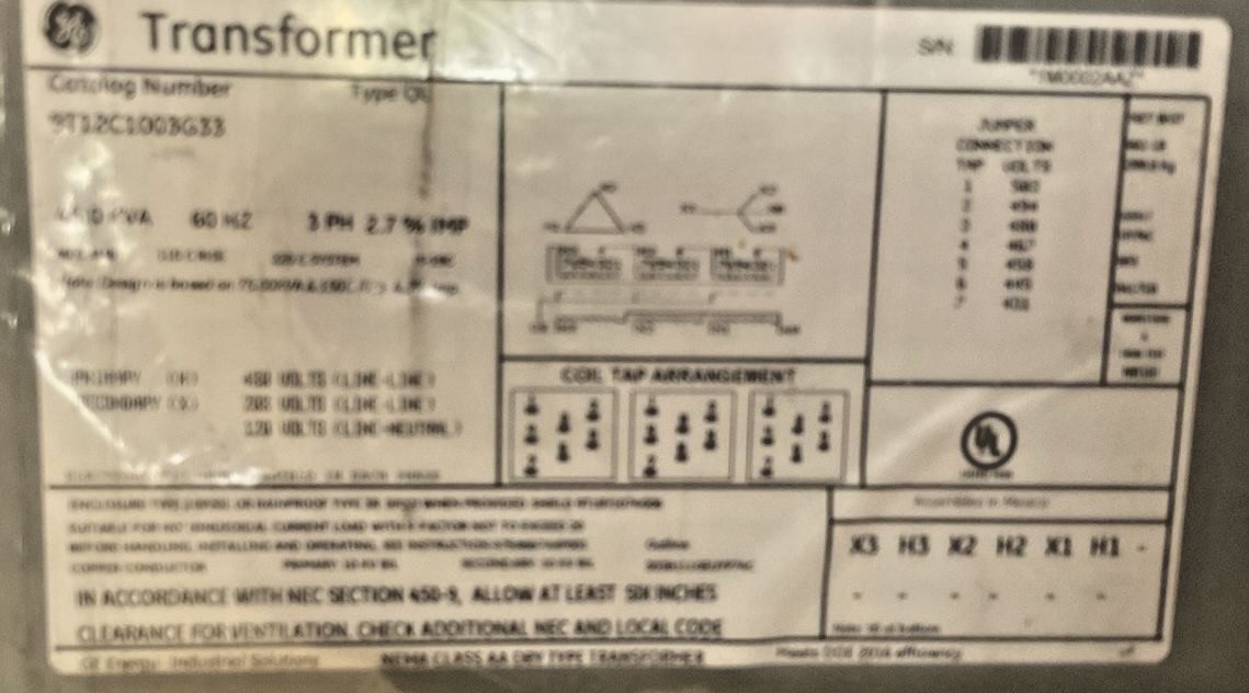 GENERAL ELECTRIC 9T23Q3572 TRANSFORMER 480V 30KVA 60HZ 3PH TYPE QL8