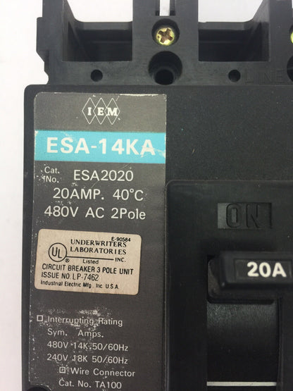 IEM ESA2020 CIRCUIT BREAKER 20AMP 480VAC 2 POLE INDUSTRIAL ELECTIC MFG1