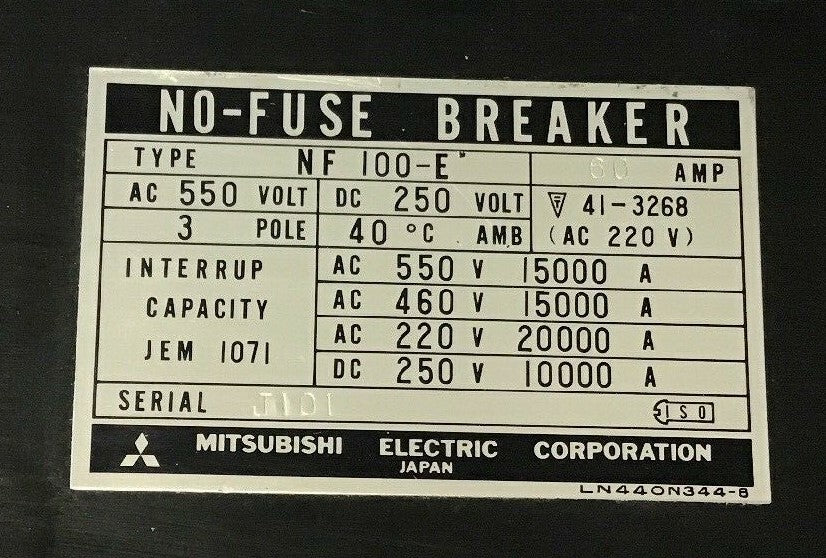 MITSUBISHI NF 100-E CIRCUIT BREAKER 60AMP 550VAC/250VDC 3POLE4