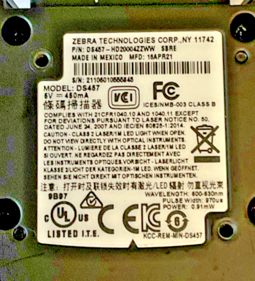 ZEBRA DS457-HD20004ZZWW STANDALONE BAR CODE SCANNER 5VDC1