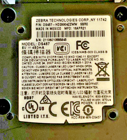 ZEBRA DS457-HD20004ZZWW STANDALONE BAR CODE SCANNER 5VDC1