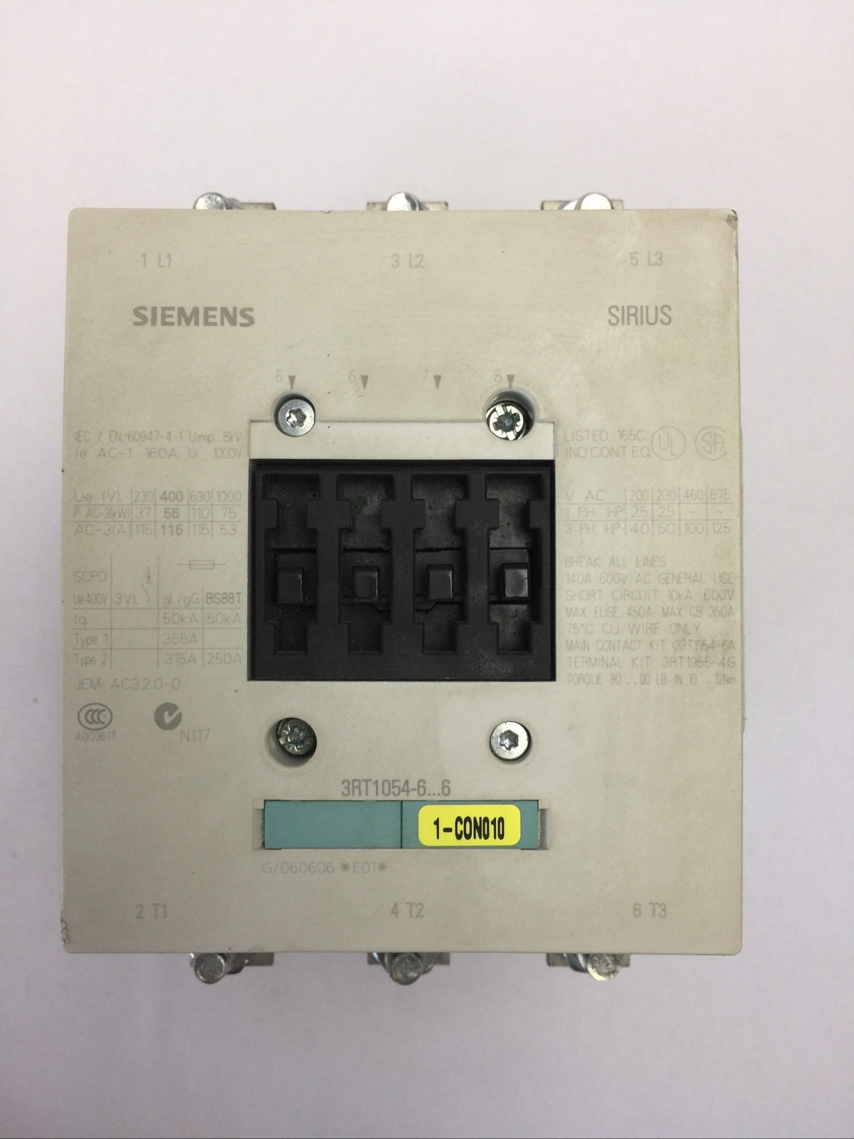 SIEMENS 3RT1054-6AF36 CONTACTOR 140A 600VAC 3PH 125HP COIL 110-127VDC 50/60HZ0