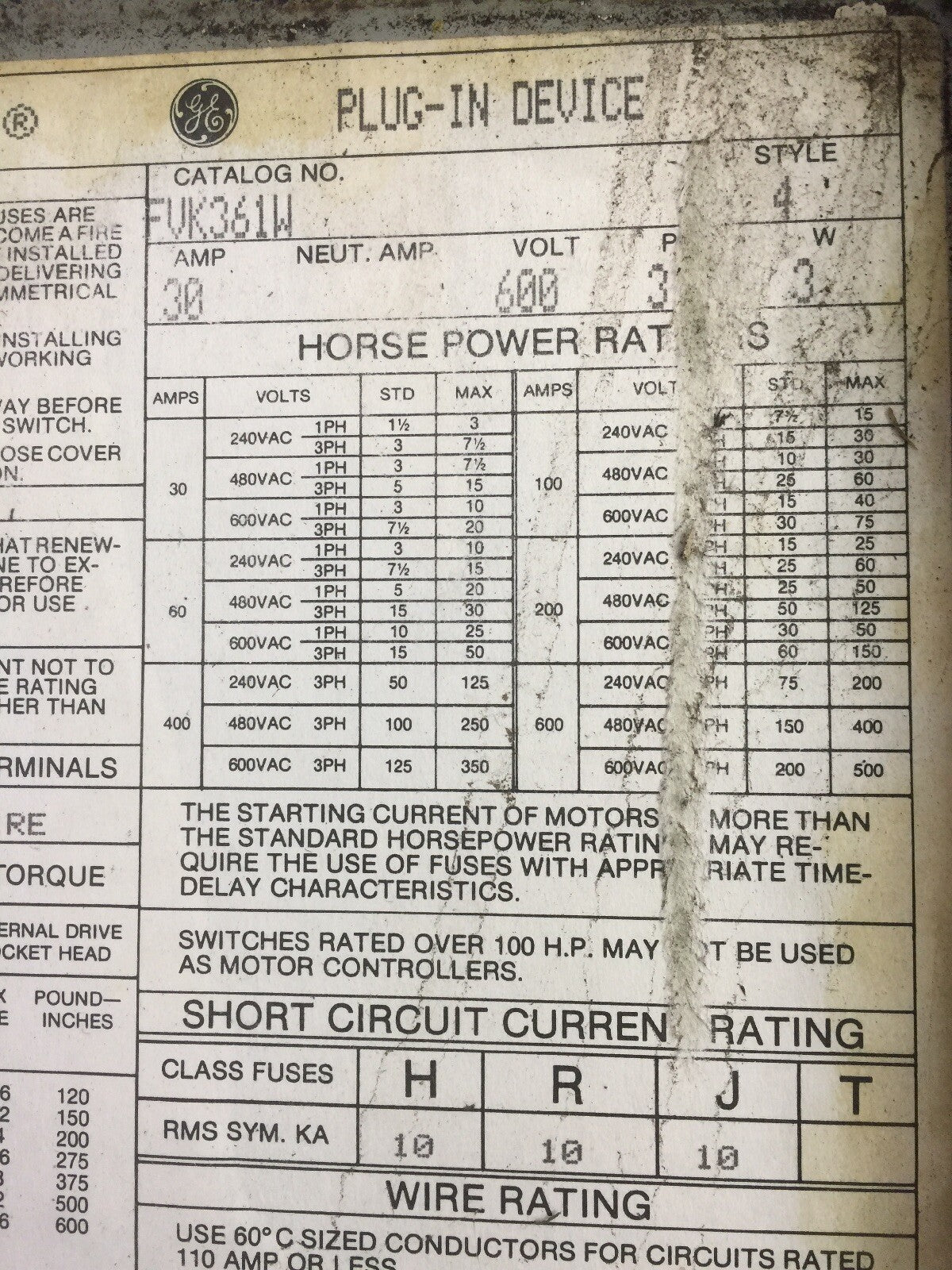 GE FVK361W FLEX-A-PLUG PLUG IN DEVICE BUS PLUG 600VAC 30AMP 20HP 3 PHASE 3 POLE1