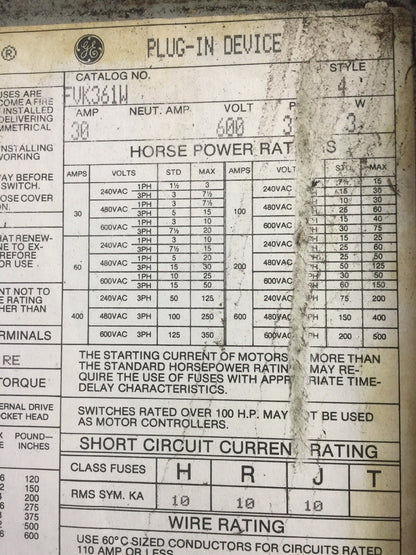 GE FVK361W FLEX-A-PLUG PLUG IN DEVICE BUS PLUG 600VAC 30AMP 20HP 3 PHASE 3 POLE1