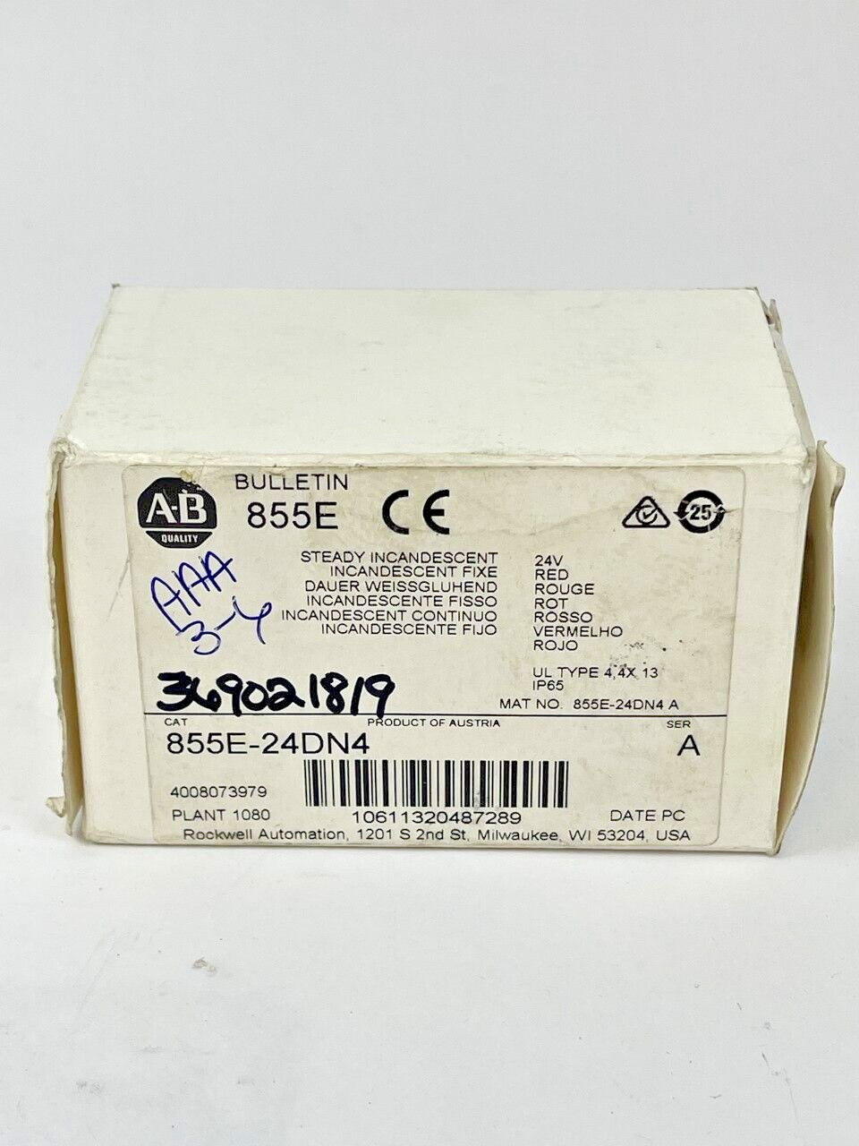 ALLEN BRADLEY - 855E-24DN4 - SERIES A - STEADY INCANDESCENT COVER - 24VAC/DC 7W6