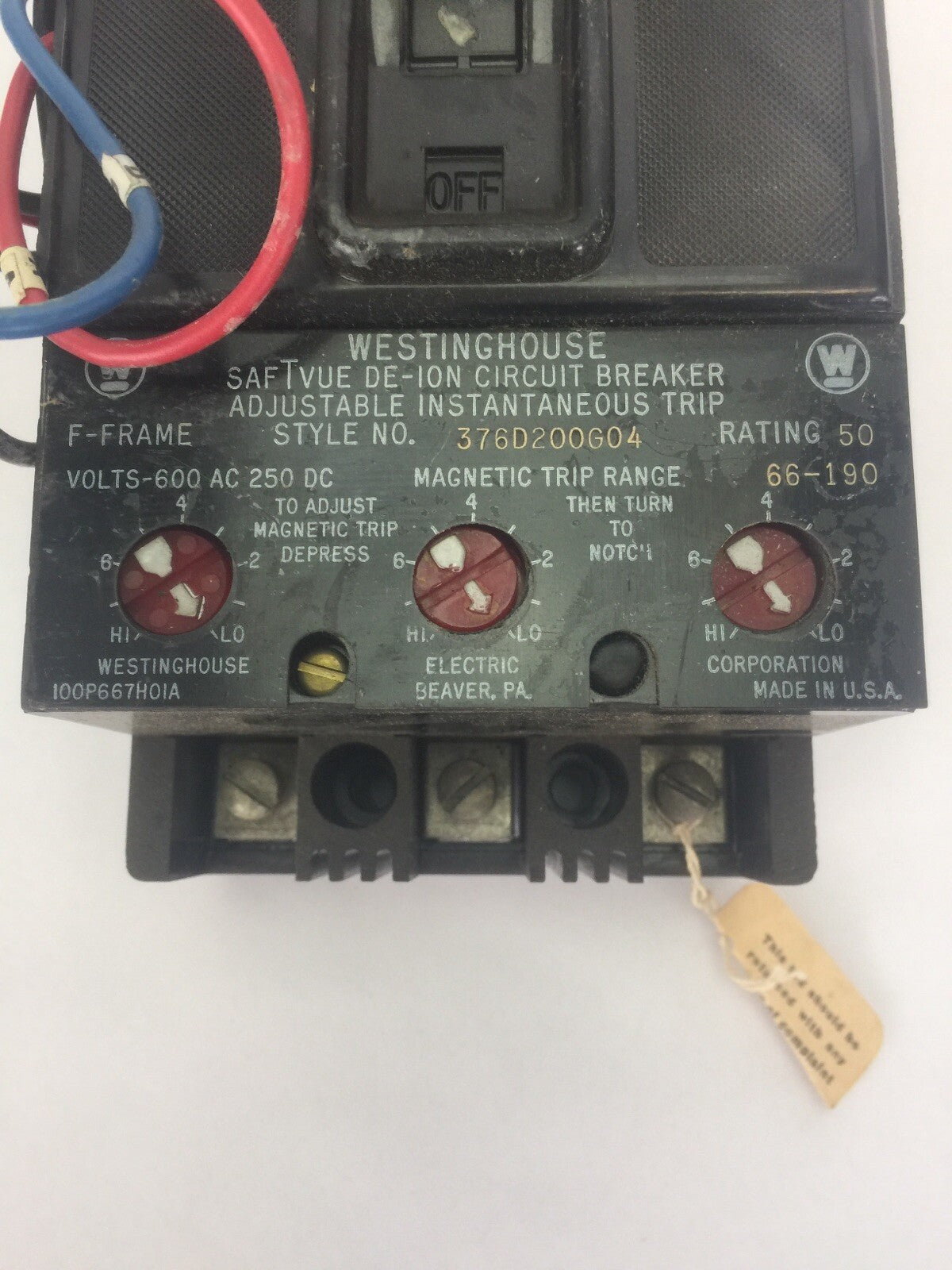 WESTINGHOUSE F3050S SAFTVUE DE-ION CIRCUIT BREAKER 50A 600VAC 250VDC 376D200G04 3