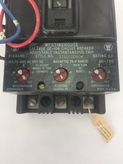 WESTINGHOUSE F3050S SAFTVUE DE-ION CIRCUIT BREAKER 50A 600VAC 250VDC 376D200G04 3