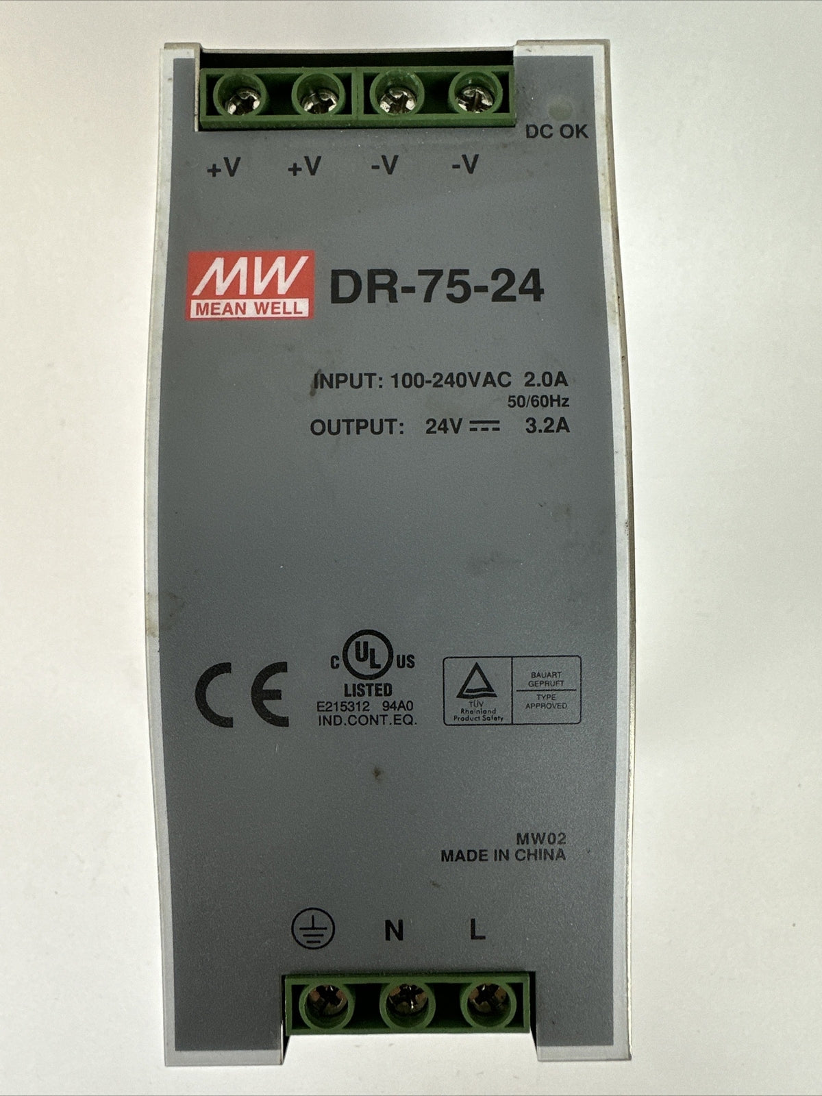 MW MEAN WELL DR-75-24 POWER SUPPLY OUTPUT 24VDC 3.2A INPUT 100-240VAC 2.0A0