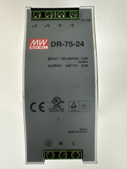 MW MEAN WELL DR-75-24 POWER SUPPLY OUTPUT 24VDC 3.2A INPUT 100-240VAC 2.0A0