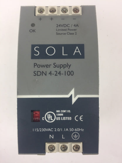 SOLA SDN 4-24-100 POWER SUPPLY 24VDC/4A 115/230VAC 2.0/1.1A 50-60HZ0