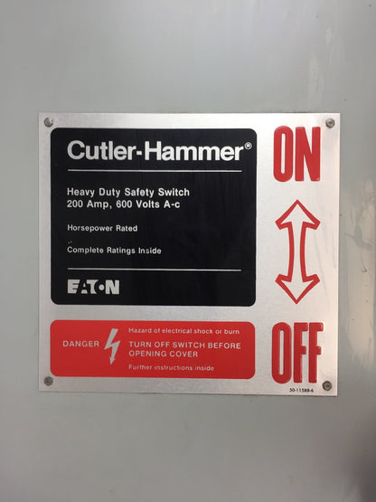 CUTLER HAMMER DH264UDK HEAVY DUTY SAFETY SWITCH 200A 600V 2 POLE NON FUSIBLE1