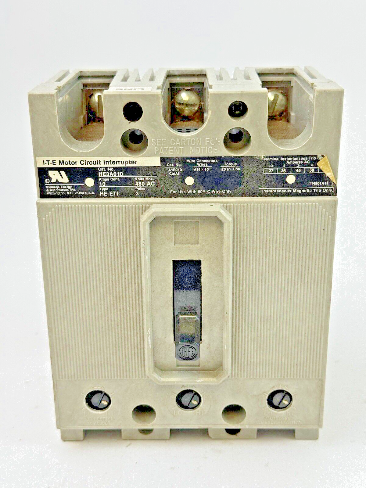 ITE - HE3A010 - MOTOR CIRCUIT INTERRUPTER - 10 A/3 POLE/480 VAC/TYPE HE ETI1