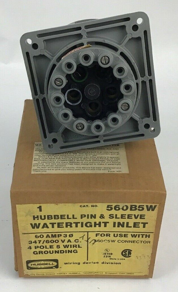 HUBBELL 560B5W WATERTIGHT INLET PIN&SLEEVE 4POLE 5 WIRE 60A 347/600VAC 0