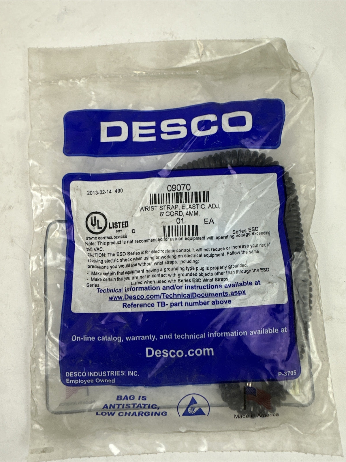 DESCO 09070 WRIST STRAP ELEASTIC ADJ 6' CORD 4MM0