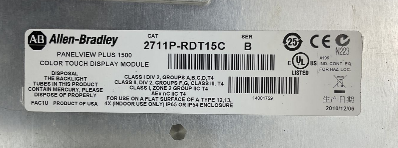 ALLEN BRADLEY 2711P-RDT15C SER B PANELVIEW PLUS 1500 TOUCH 2711P-RP2 SER G 24VDC2