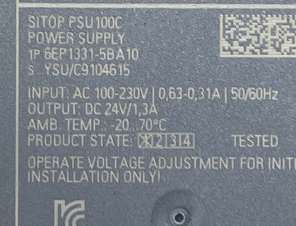 SIEMENS 6EP1331-5BA10 SITOP PSU100C POWER SUPPLY INPUT 100-230VAC OUTPUT 24VDC1