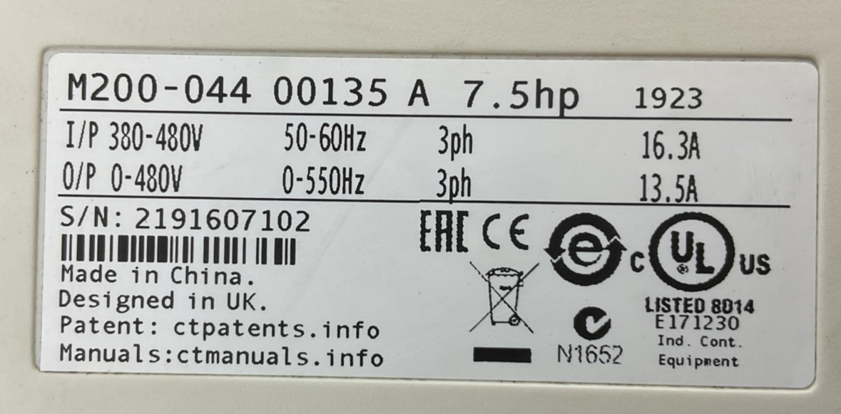 NIDEC CONTROL TECHNIQUES M200-044 00135 A 7.5HP OUTPUT 0-480VAC 13.5A AC DRIVE1