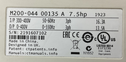 NIDEC CONTROL TECHNIQUES M200-044 00135 A 7.5HP OUTPUT 0-480VAC 13.5A AC DRIVE1