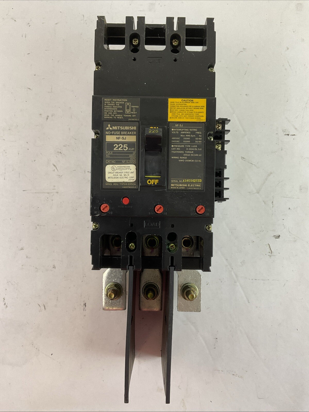 MITSUBISHI NF-SJ3225 NO-FUSE BREAKER 480VAC 225AMP 3POLE0