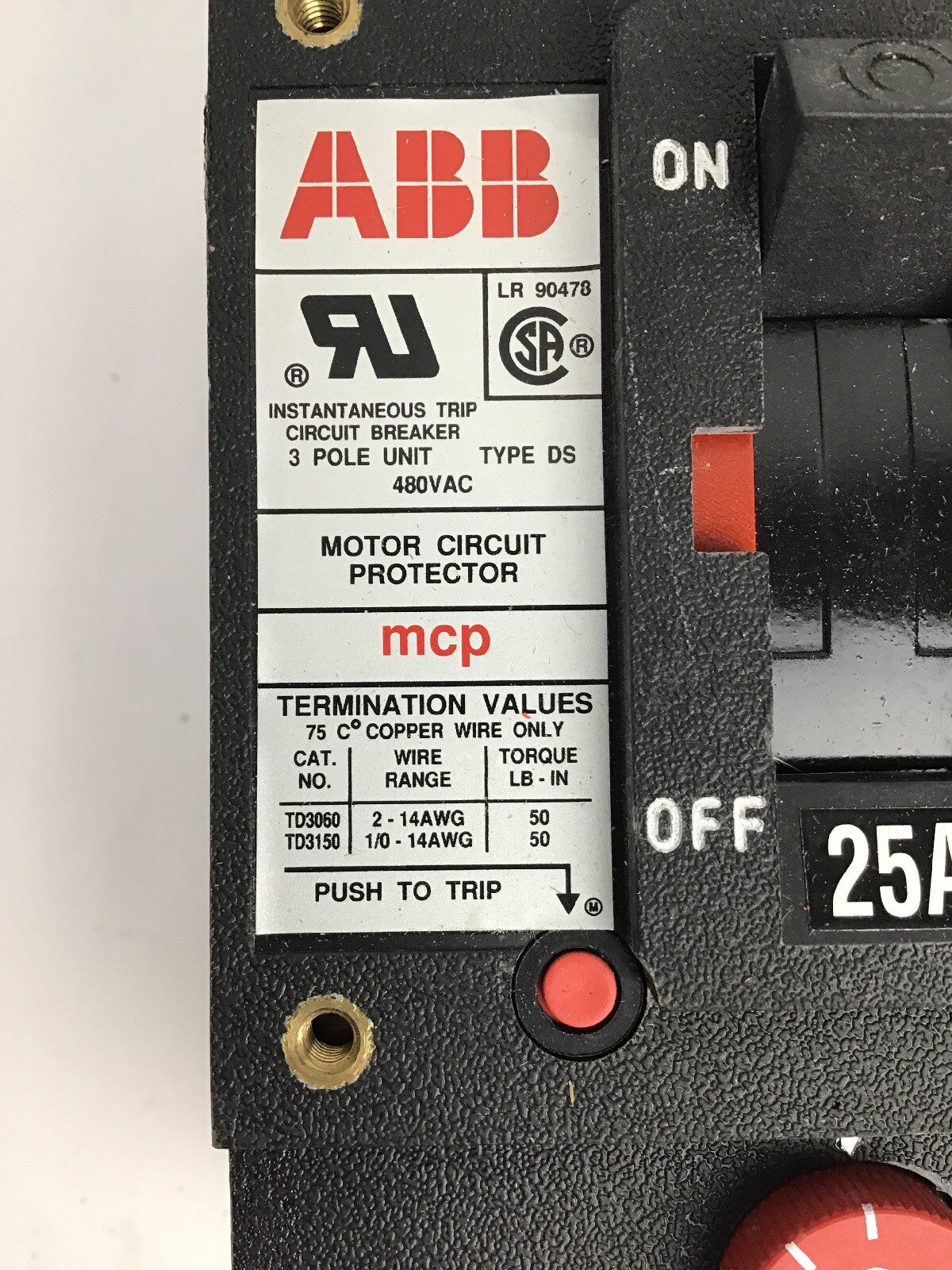 ABB DSM43025L MCP CIRCUIT BREAKER 3P 25A 480V D 6 LUGS 2