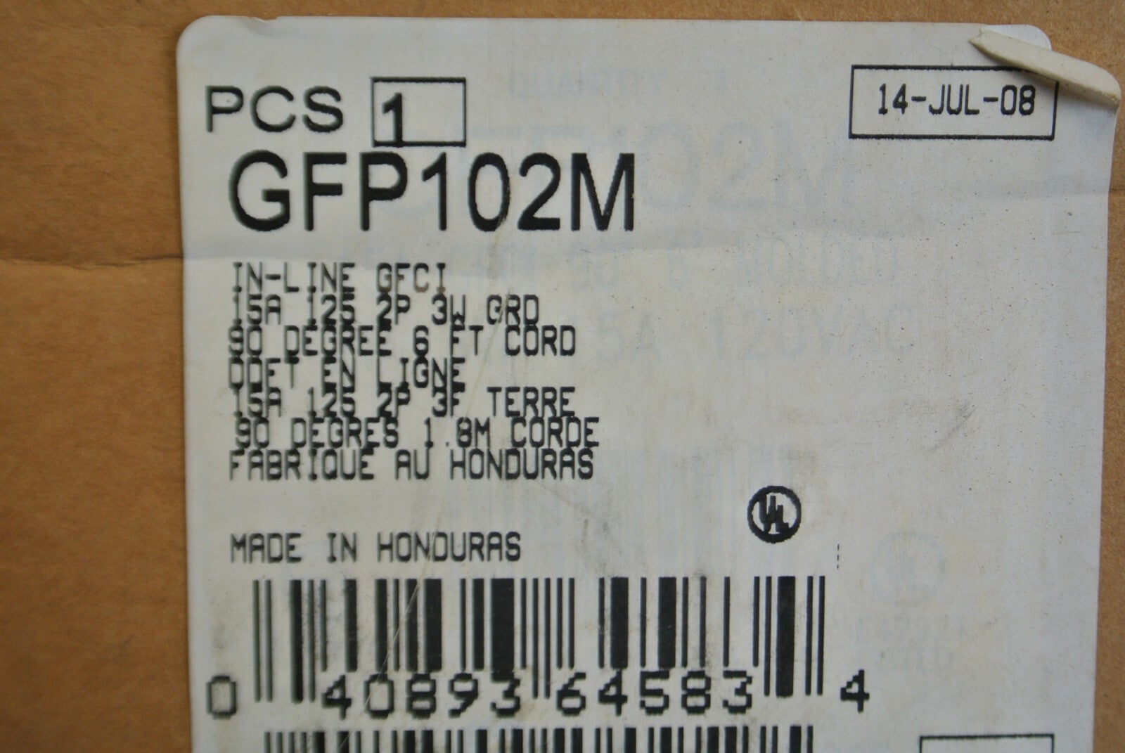 COOPER GFP102M IN-LINE GFCI / 15A / 125V / 2P / 3W GRND / 90° / 6 Ft1