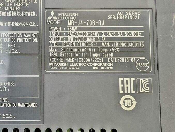 MITSUBISHI MR-J4-70B-RJ SERVO DRIVE MODULE 750W 240VAC 8/6.5A 50/60HZ1