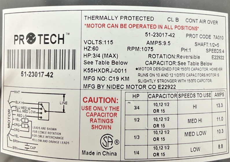 PROTECH 51-23017-42 BLOWER DIRECT DRIVE 1/4-3/4HP 115V 1075RPM 9.5A 1/2x52