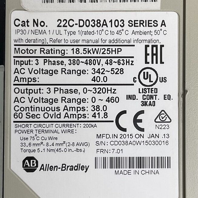 ALLEN BRADLEY 22C-D038A103 SER A FRN 7.01 AC DRIVE OUTPUT 0-460VAC 18.5kW/25HP1