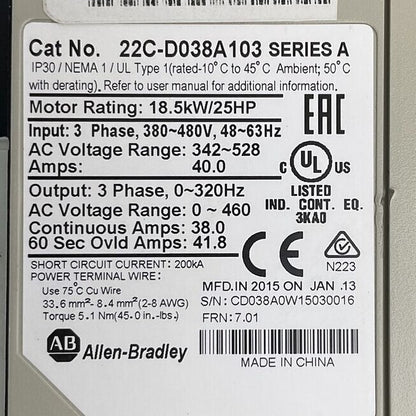 ALLEN BRADLEY 22C-D038A103 SER A FRN 7.01 AC DRIVE OUTPUT 0-460VAC 18.5kW/25HP1