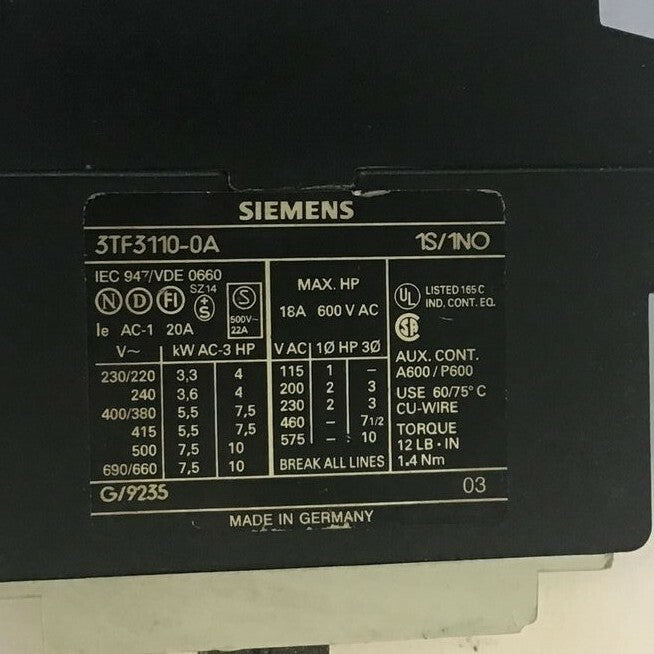 SIEMENS 3TF3300-0A CONTACTOR 5A 600VAC ***LOTOF3***5
