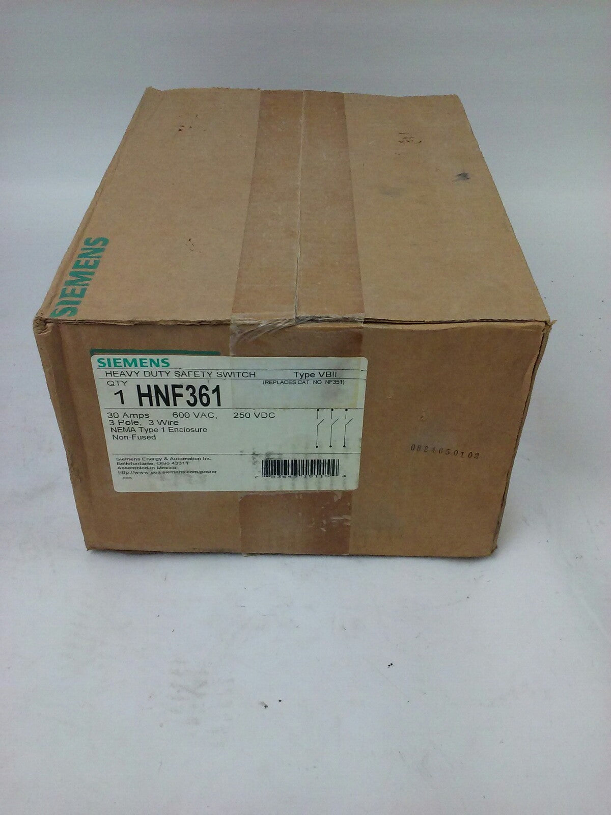 SIEMENS HNF361 SAFETY SWITCH, TYPE 1 ENCLOSURE, TYPE VB11, 30A, 600V, 3P, NEW0