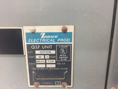 ZINSCO QSFT353B TWIN PANELBOARD FUSIBLE 30AMP 600VAC 3 POLE 7 1/8 HP1
